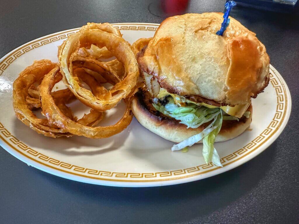 Cheeseburger and onion rings for lunch at David's Cafe, Earlsboro